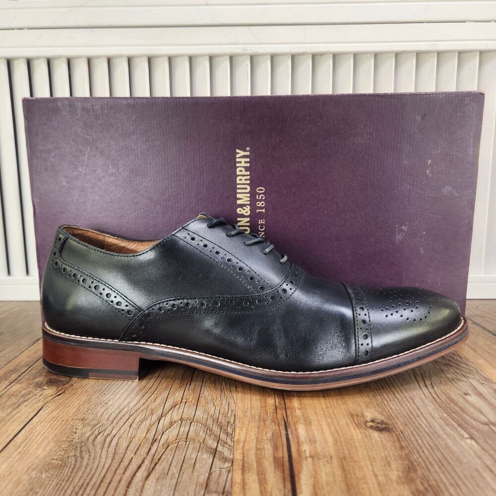 Johnston & Murphy Conard Men 11.5 Black Calfskin Captoe Brogue Oxford Dress Shoe